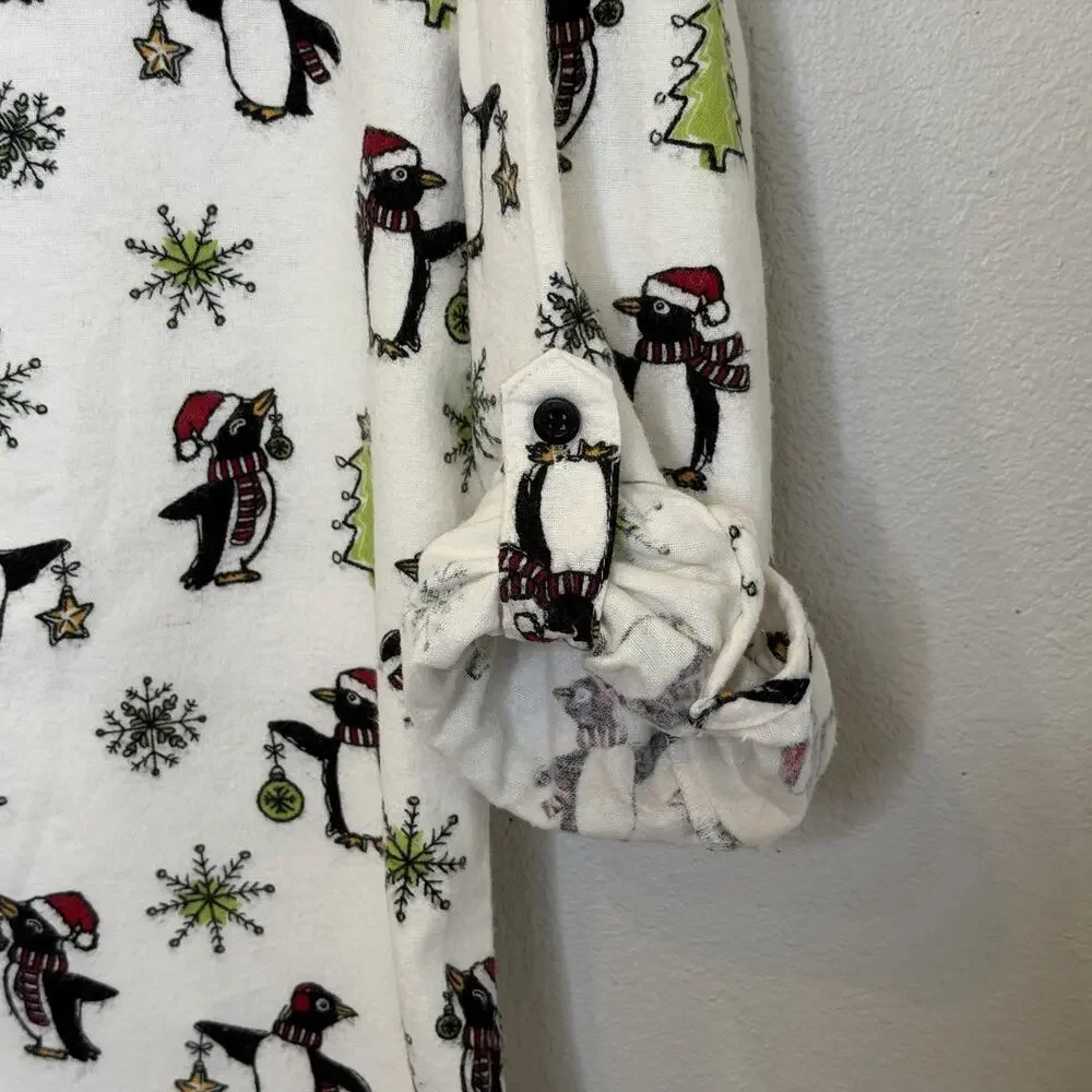 Insomniax Flannel‎ Christmas Print Sleep Shirt Womens Size Small Penguins Trees